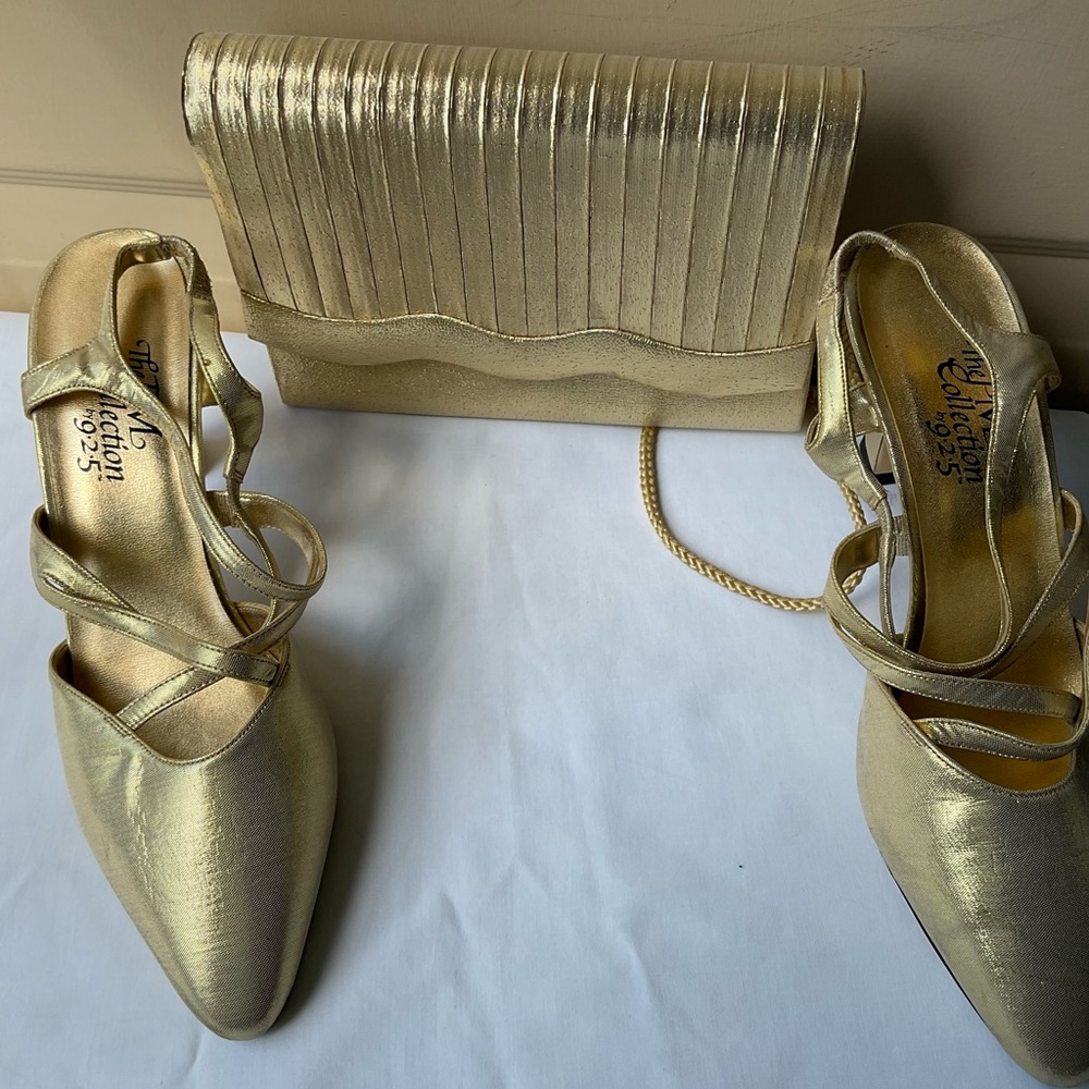 Gold heels and handbag to match